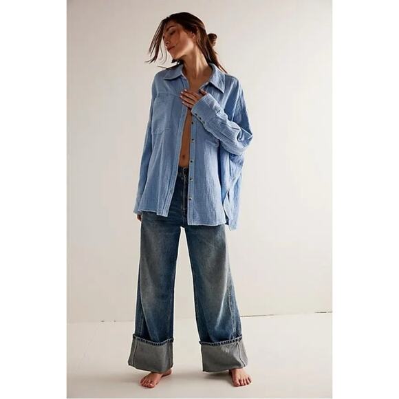 Free People We The Free Cardiff Top in Blue Bell Oversized Large Gauze Cotton - Picture 6 of 11